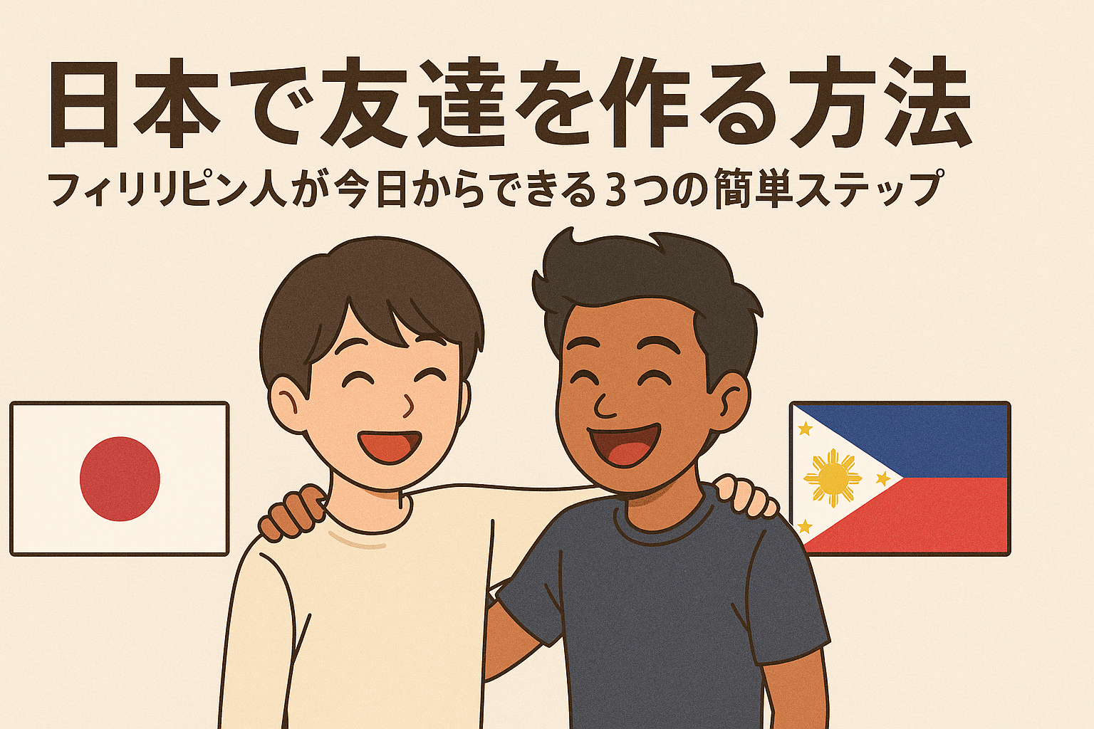 日本人とフィリピン人が笑顔で肩を組んでいるイラスト。記事タイトル『日本で友達を作る方法|フィリピン人が今日からできる3つの簡単ステップ』を示すデザインのアイキャッチ画像。