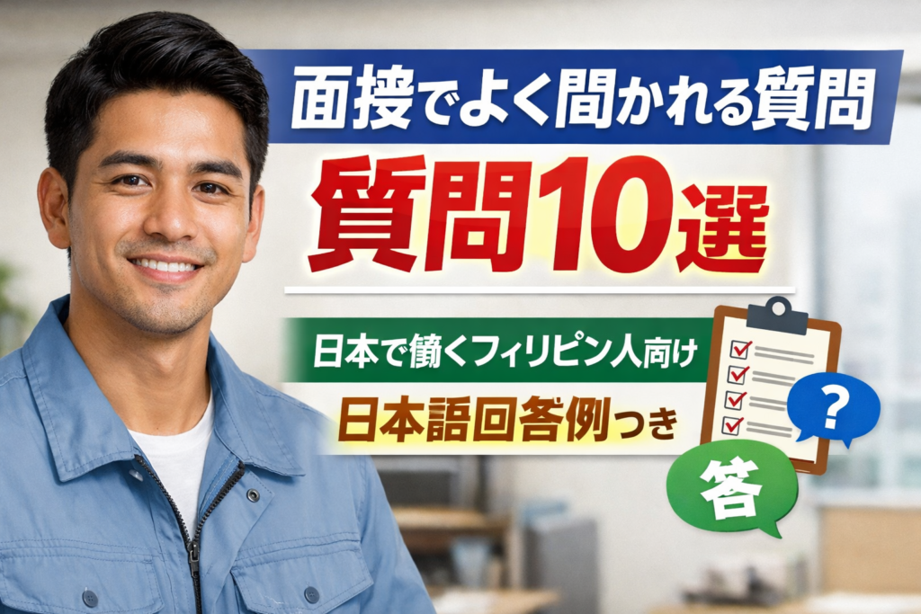 日本で働くフィリピン人向け｜面接でよく聞かれる質問10選と日本語回答例を紹介するアイキャッチ画像