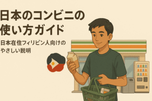 日本のコンビニの使い方を説明するフィリピン人向けガイドのアイキャッチ画像。コンビニの前で買い物をする男性のイラスト入り。
