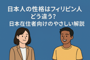 日本人とフィリピン人が向かい合って話しているイラスト。日本人の性格の違いをやさしく説明するブログのアイキャッチ画像