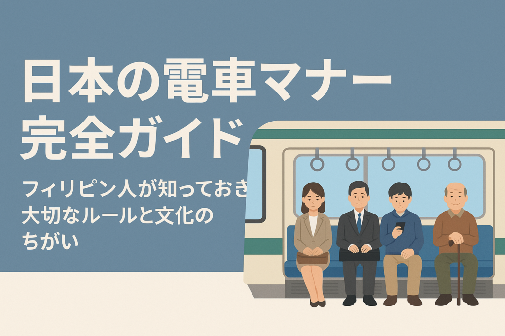 日本の電車マナー完全ガイドのタイトルと、電車内で座っている乗客たちの様子を描いたイラスト。フィリピン人向けに日本の電車マナーを分かりやすく説明するブログ用アイキャッチ画像。