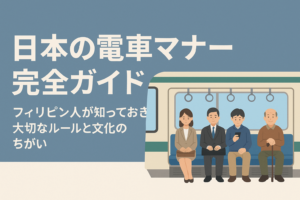 日本の電車マナー完全ガイドのタイトルと、電車内で座っている乗客たちの様子を描いたイラスト。フィリピン人向けに日本の電車マナーを分かりやすく説明するブログ用アイキャッチ画像。