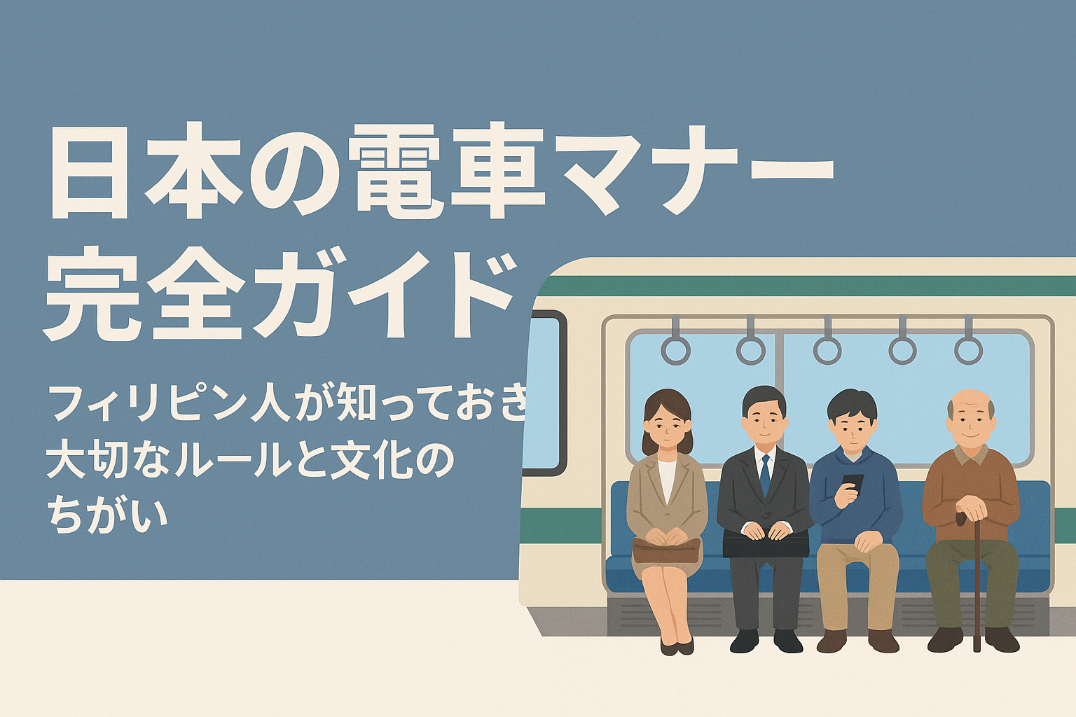 日本の電車マナー完全ガイドのタイトルと、電車内で座っている乗客たちの様子を描いたイラスト。フィリピン人向けに日本の電車マナーを分かりやすく説明するブログ用アイキャッチ画像。