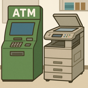 日本のコンビニにあるATMとコピー機のイラスト