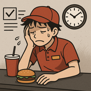 長時間労働で疲れた表情のアルバイト店員。ブラックバイトをイメージしたイラスト