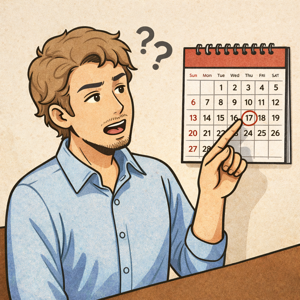 カレンダーを見ながら日付を確認して答える外国人のイラスト