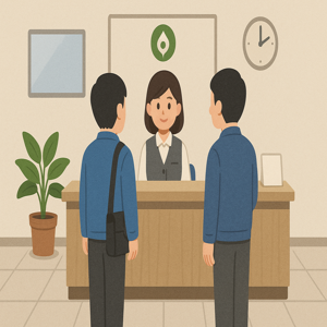 市役所の受付カウンターで、職員が来庁者を案内しているイラスト。