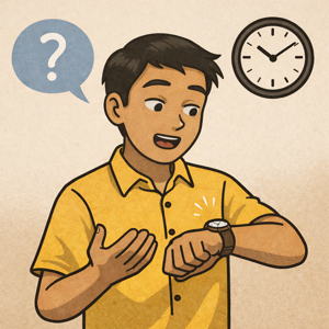 時計を見ながら答えるフィリピン人