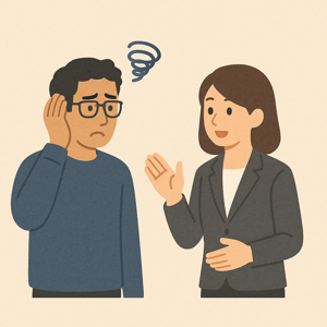 困っている外国人に、日本人職員がていねいに説明しているイメージのイラスト。