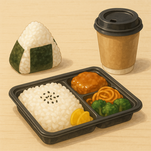 日本のコンビニのおにぎり、弁当、コーヒー