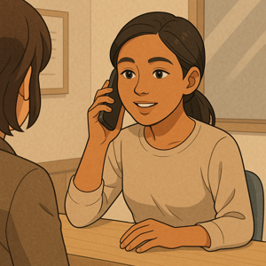 日本で電話や窓口を使って相談するフィリピン人女性のイラスト