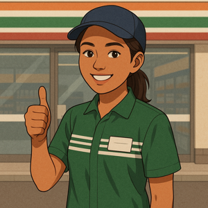日本のコンビニ前で笑顔で親指を立てるフィリピン人スタッフのイラスト