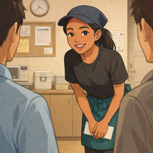 日本のアルバイト初日に、笑顔であいさつをするフィリピン人スタッフのイラスト