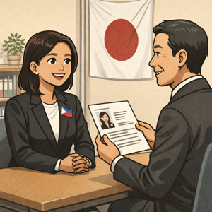 日本で仕事の面接を受けているフィリピン人女性のイラスト