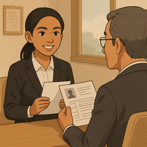 日本でアルバイトの面接を受けるフィリピン人のイラスト