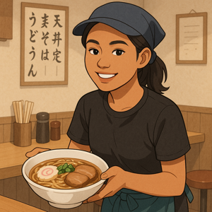 日本の飲食店で笑顔で働くフィリピン人スタッフのイラスト