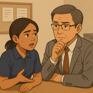 日本の職場でトラブルについて相談するフィリピン人アルバイトのイラスト