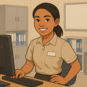日本の職場でパソコン作業をしながら笑顔で働くフィリピン人アルバイトのイラスト
