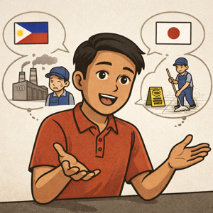 日本での仕事の経験について話すフィリピン人男性のイラスト