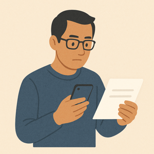 スマホのメモと紙の書類を見比べながら確認している外国人男性のイラスト。