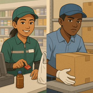 日本でアルバイトをするフィリピン人と外国人労働者のイラスト