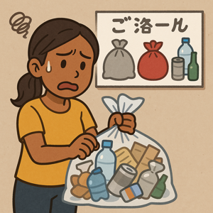 本のごみ分別ルールに困っているフィリピン人女性が、ごみ袋を持って悩んでいるイラスト