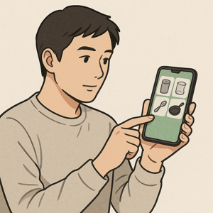 スマートフォンでゴミ分別アプリを見るフィリピン人のイラスト