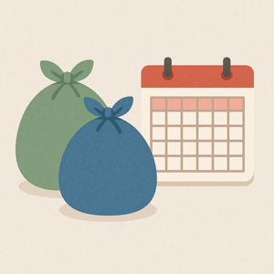 ゴミ袋の色とゴミの日のカレンダーを見ているイラスト