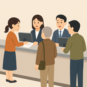 役所の窓口で、住民が書類を提出したり案内を受けている様子のイラスト