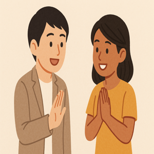 日本人とフィリピン人が笑顔であいさつしているイラスト