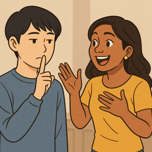 静かにしている日本人と、明るく話すフィリピン人が対照的に描かれたイラスト