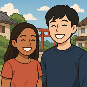 日本の町で、フィリピン人と日本人が笑顔で並んでいるイメージのイラスト