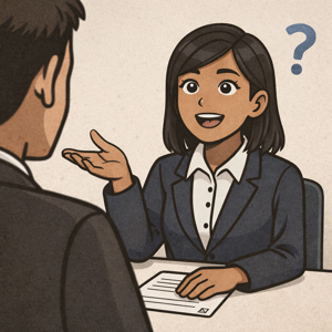 日本の面接の最後に質問をするフィリピン人女性のイラスト