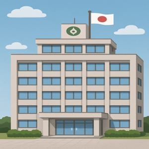 日本の市役所の建物の外観。青い空の下、四角い窓が並ぶ近代的な庁舎のイラスト。