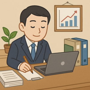 日本人の会社員がていねいに書類仕事をしている様子を描いたイラスト