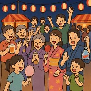 日本のイベントや祭りで人が集まって楽しんでいるイラスト