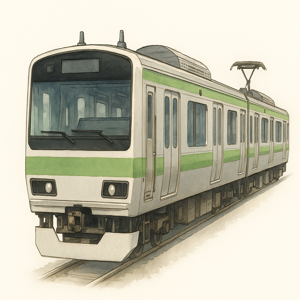 日本の駅で停車している通勤電車のイラスト。日本の電車マナーを説明する記事用の画像