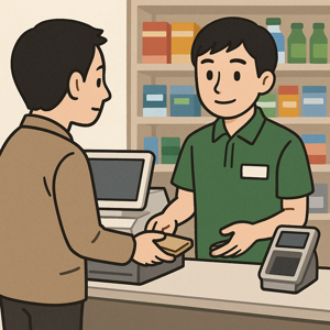 日本のコンビニのレジで店員と客が会計をしているイラスト