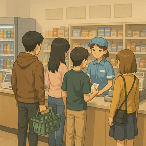 日本のコンビニでレジに並ぶ人々の様子。店員が対応している場面。