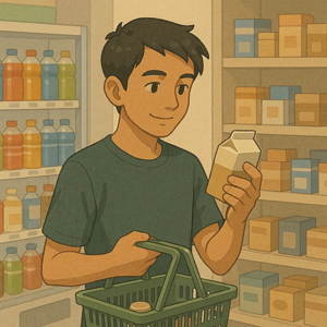 日本のコンビニで買い物をするフィリピン人男性の様子。商品を手に取りながらバスケットを持っている。