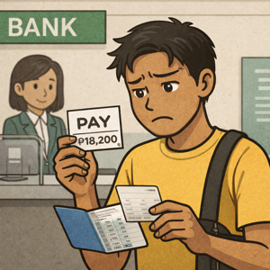 手取り給料を銀行で確認するフィリピン人