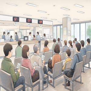 市役所の待合室で番号札を持って順番を待つ人たちのイラスト