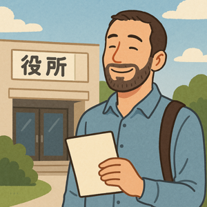 役所の手続きが終わり、安心した表情で書類を持つ外国人