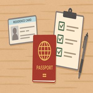在留カードとパスポート、チェックリストが机に並んでいるイメージイラスト