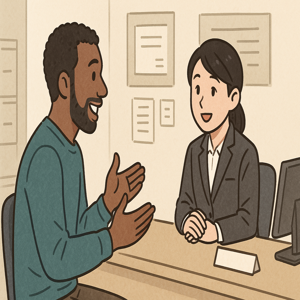 日本の役所で、外国人と日本人職員がカウンターで会話しているイメージイラスト