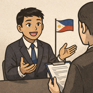 日本の面接で志望理由を説明するフィリピン人のイラスト