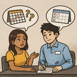 日本の職場でシフトについて相談するフィリピン人アルバイトのイラスト