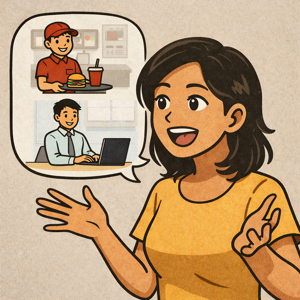 日本での仕事経験を話すフィリピン人のイラスト