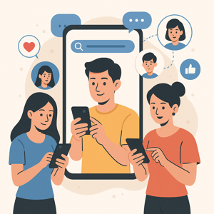 スマホを使ってSNSで友達を探す人たちのイラスト