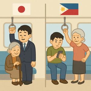 日本とフィリピンの電車マナーを比べるイラスト
